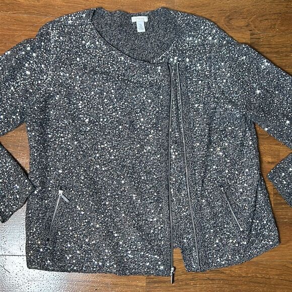 Chico’s Sage Sequin Cardigan Sweater XL 3 jacket shirt top sparkly festive moto - Picture 7 of 10